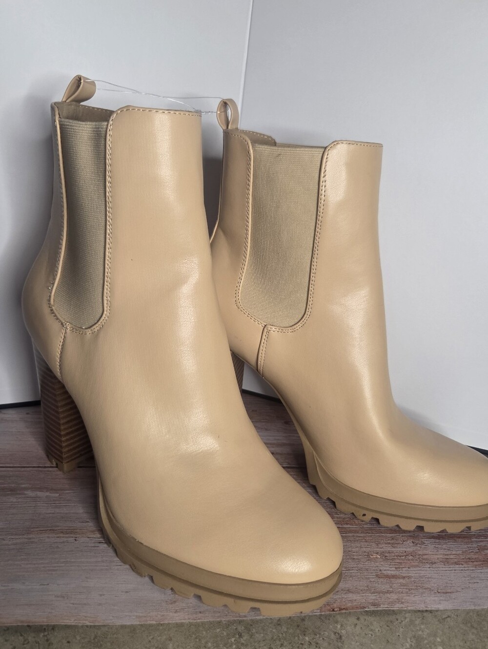 Neutral Beige Sandee Chelsea Ankle Boots with Stacked Heel